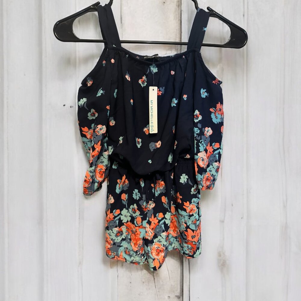 My Michelle Girls Cold Shoulder Shorts Romper Navy Floral- Size Small